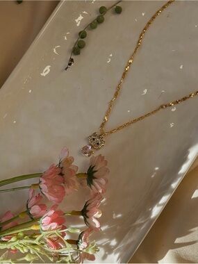 Gold Tone Crystal Cat Pendant Necklace - Pink Charm